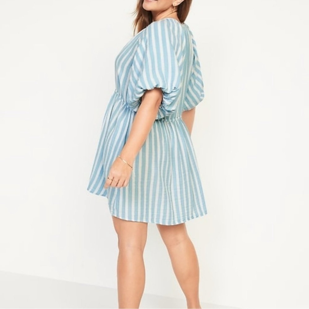 Old Navy Waist-Defined Puff-Sleeve Stripe Gauze Mini Shirt Dress size LTall NWT - Picture 2 of 10